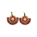 A pair of handmade bohemian earrings featuring red beaded semicircles with gold-tone metal hoops and turquoise blue bead accents, displayed on a white surface.