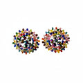 A pair of round stud earrings decorated with colorful seed beads and clear faceted center stones, displayed on a plain light gray surface.