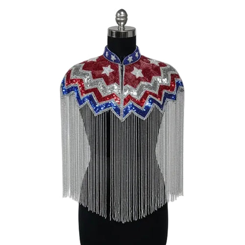 Decorative garment with red, white, and blue patterns on a mannequin against a neutral background.