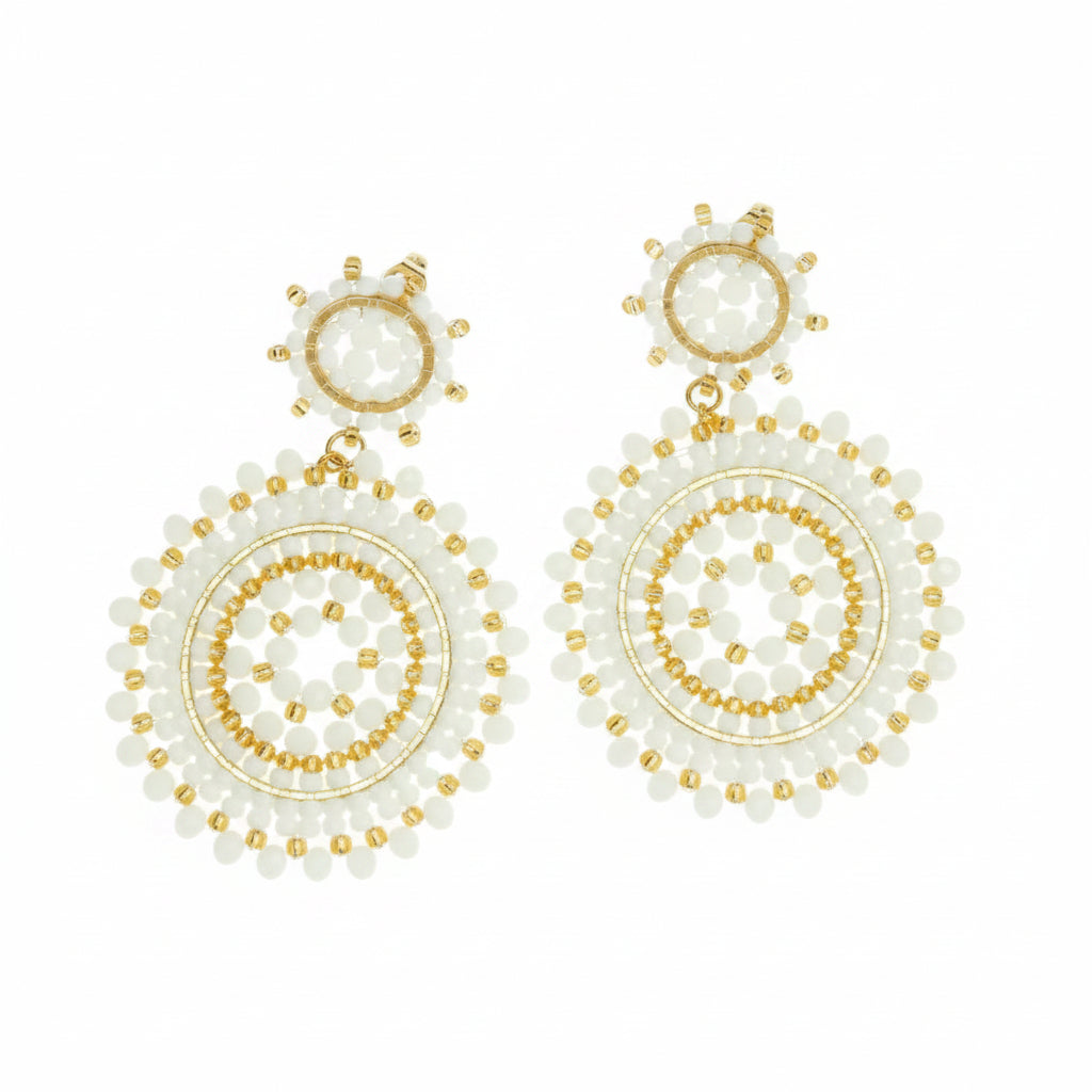 Pair of beaded earrings with gold and white beads