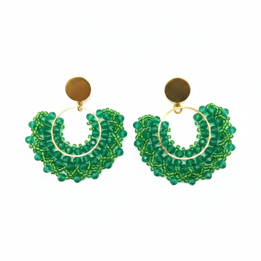 Pair of green beaded earrings with gold accents