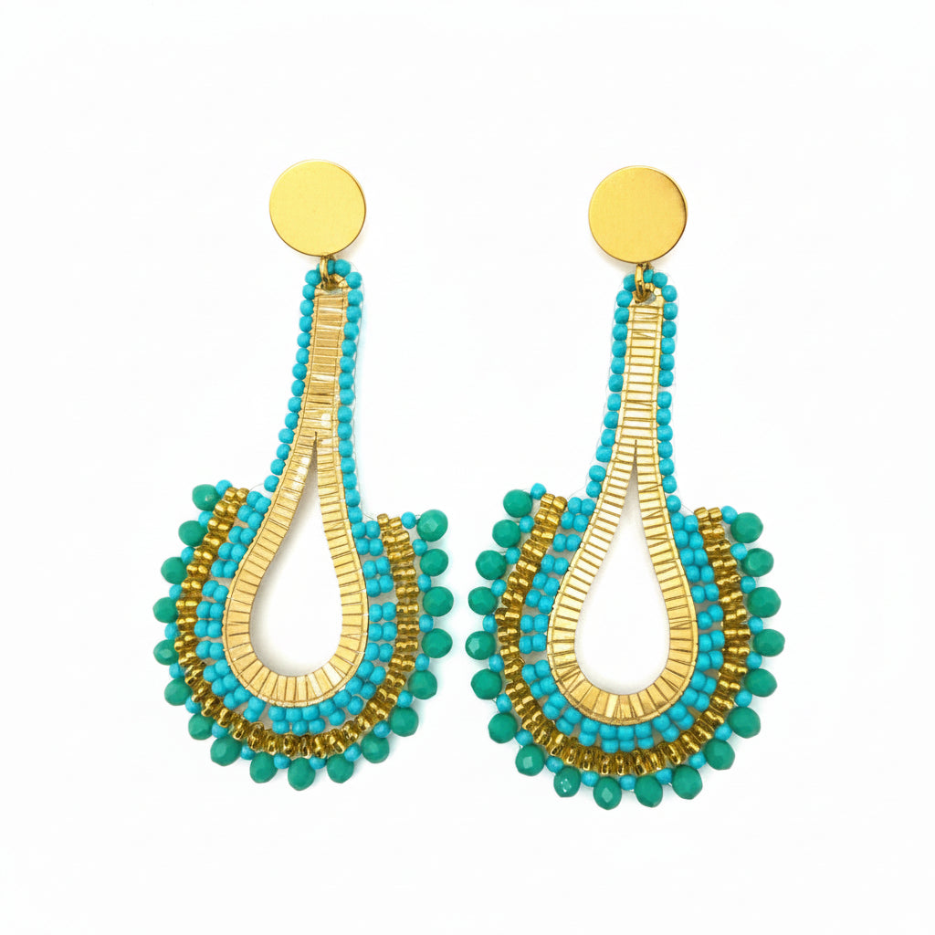 Pair of turquoise and gold beaded earrings
