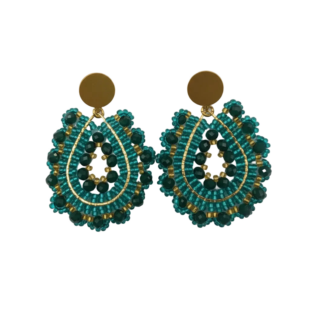 Pair of teal beaded earrings with gold accents