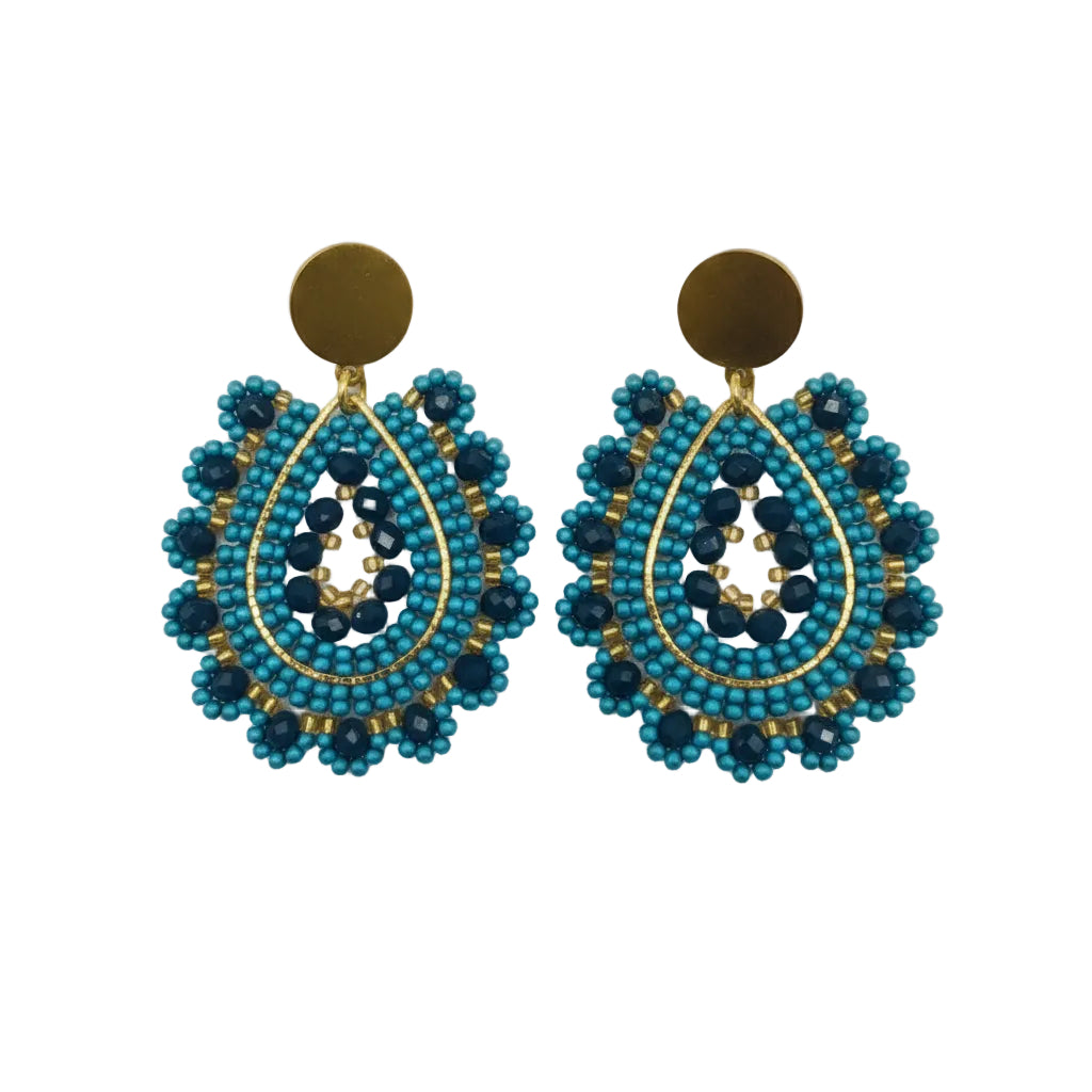 Pair of blue beaded earrings with gold accents