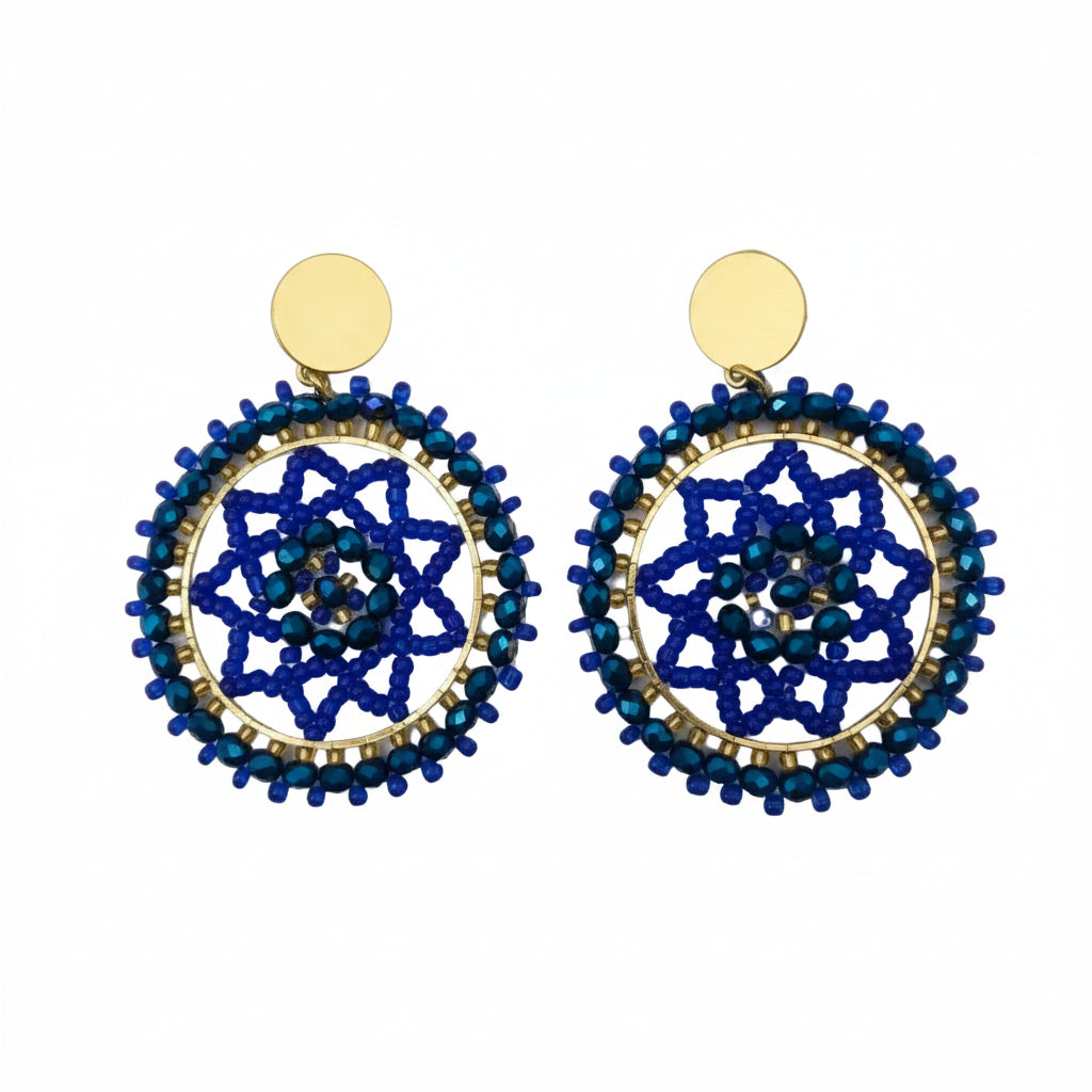 Pair of blue beaded earrings with gold accents