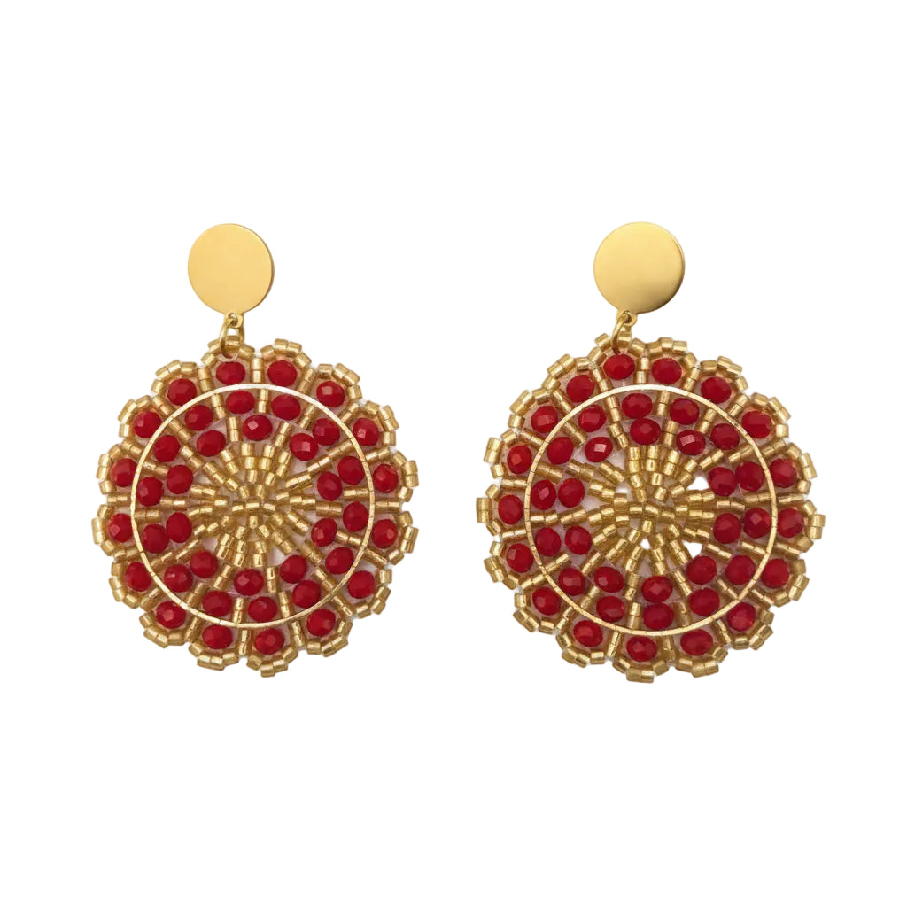 Gold earrings with red gemstones