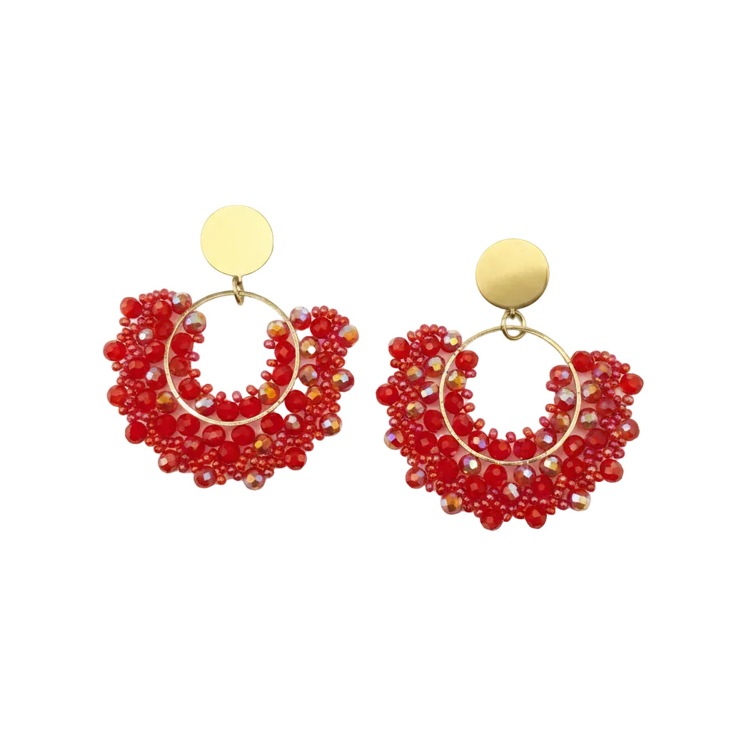 Pair of red beaded hoop earrings 