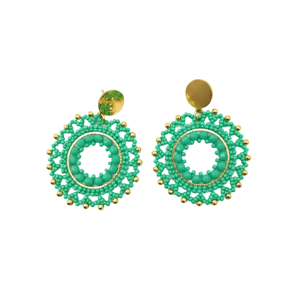 Green beaded earrings with gold accents