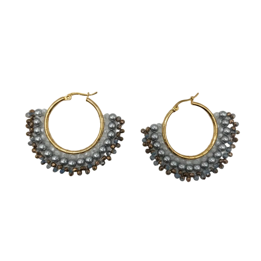 Pair of gold hoop earrings with gray beads 