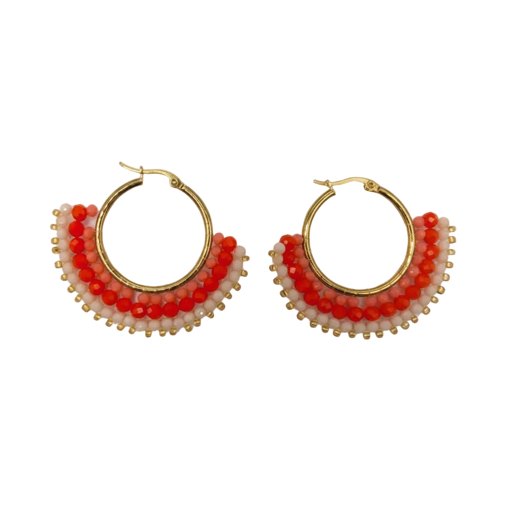 Pair of gold hoop earrings with red beads 