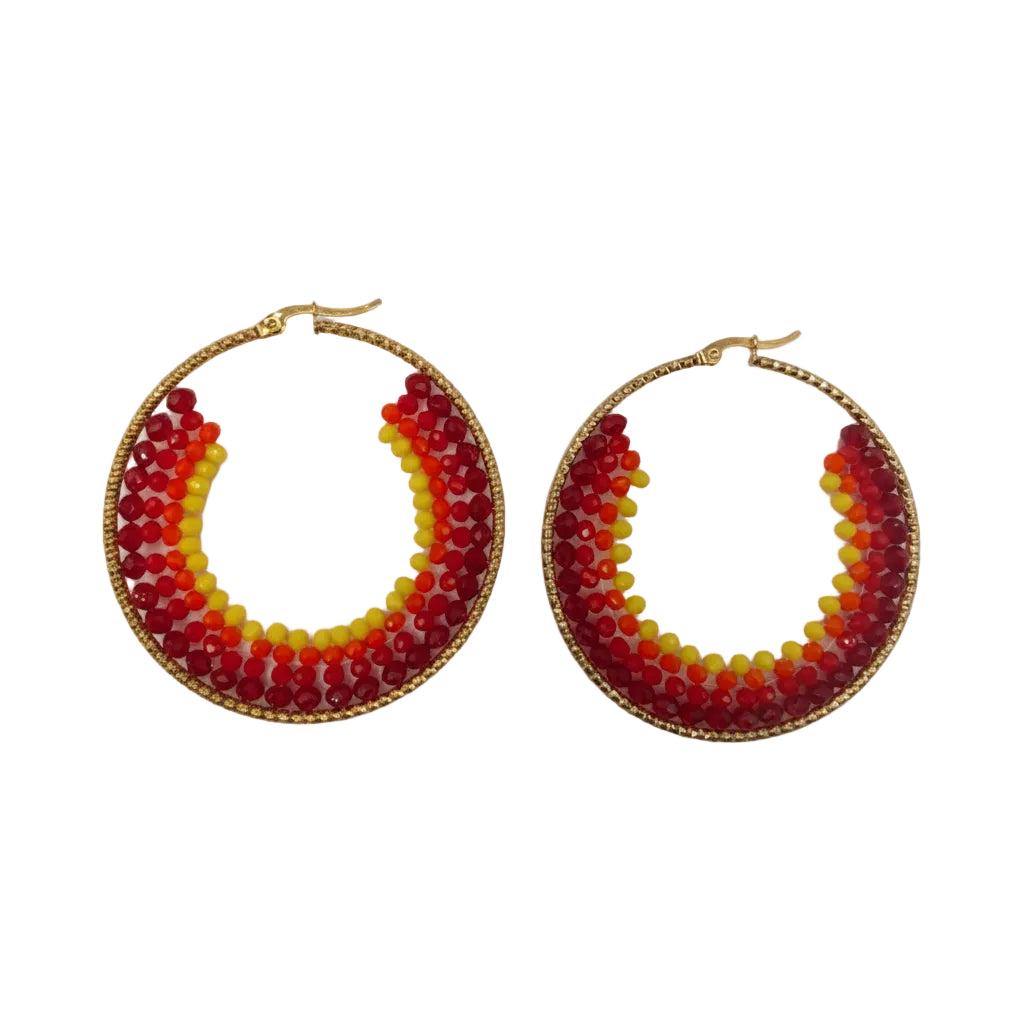 Pair of hoop earrings with red and yellow beads