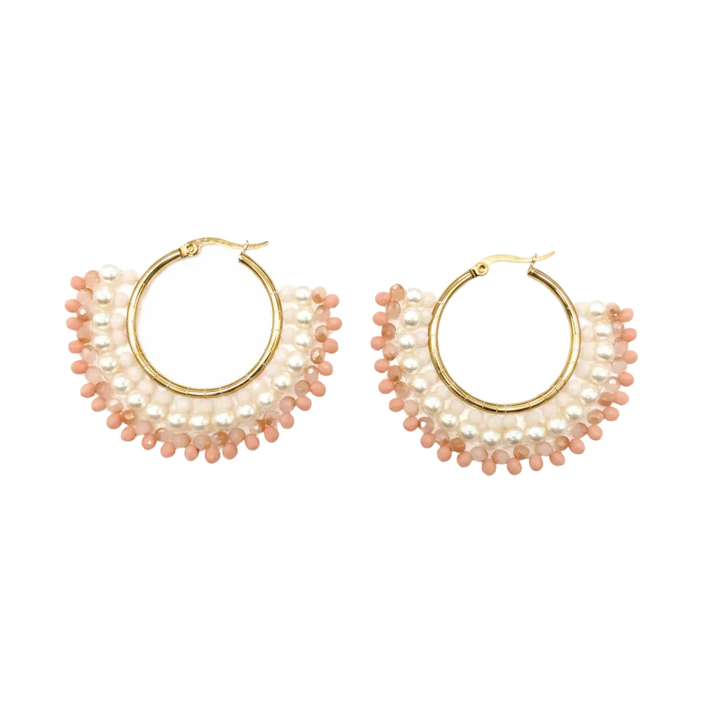 Pair of gold hoop earrings with pink and white bead detailing 