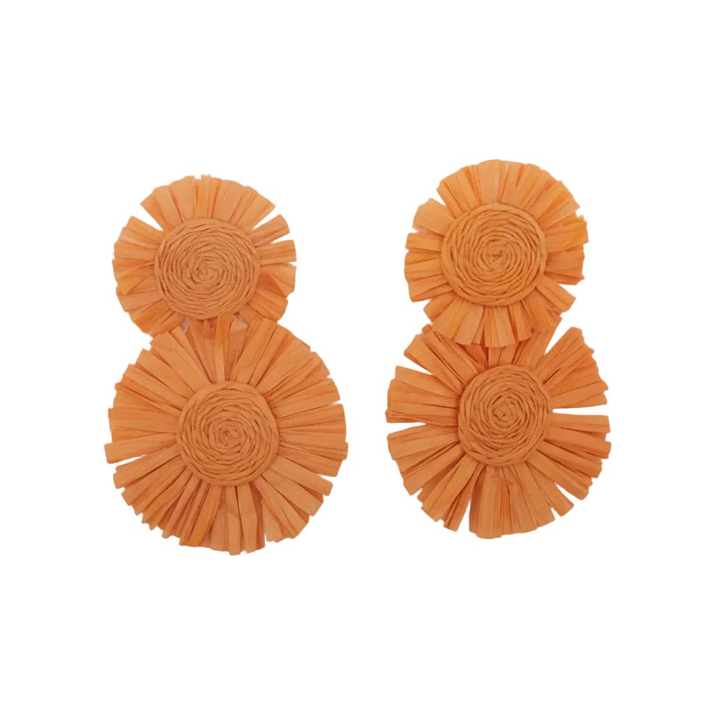 Pair of orange ruffled earrings on a light gray background