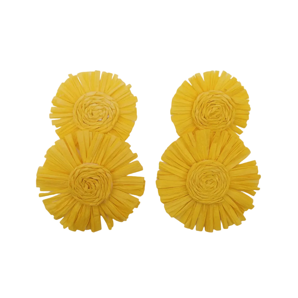 Pair of yellow floral earrings on a white background
