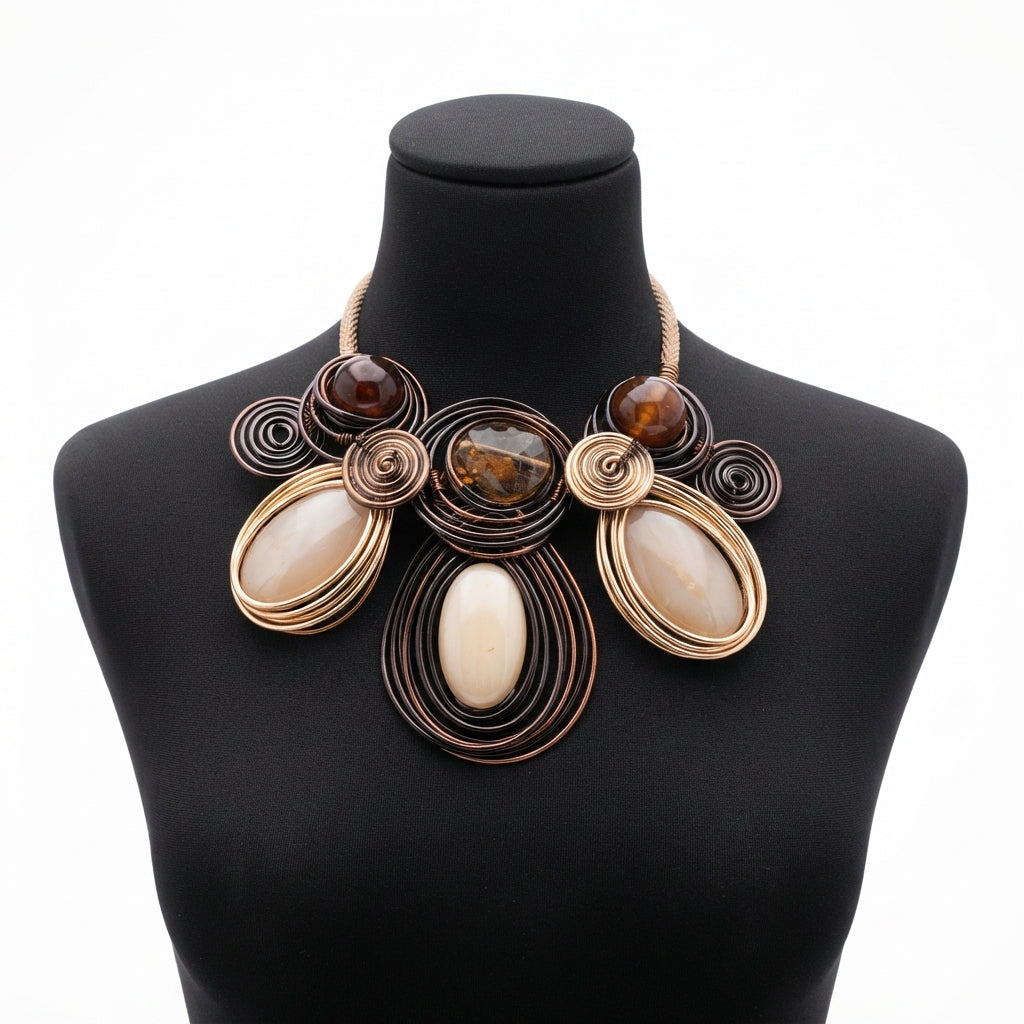 A statement bib necklace with large oval cabochon stones in cream, brown, and amber, accented by copper-toned wire spirals, displayed on a black mannequin bust against a white background.