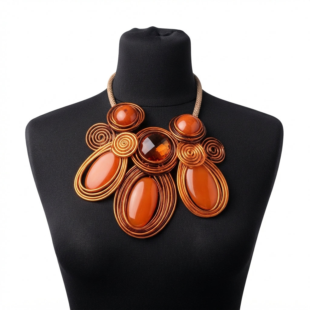 An orange and gold statement bib necklace displayed on a black mannequin bust against a white background.