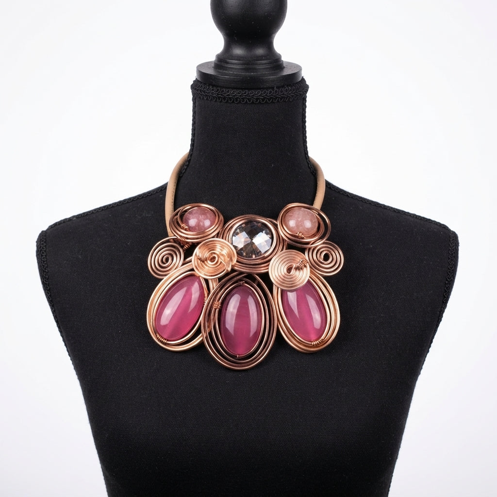 A copper-toned statement bib necklace with large oval magenta-pink cabochons and a central clear faceted crystal, displayed on a black fabric mannequin bust against a white background.