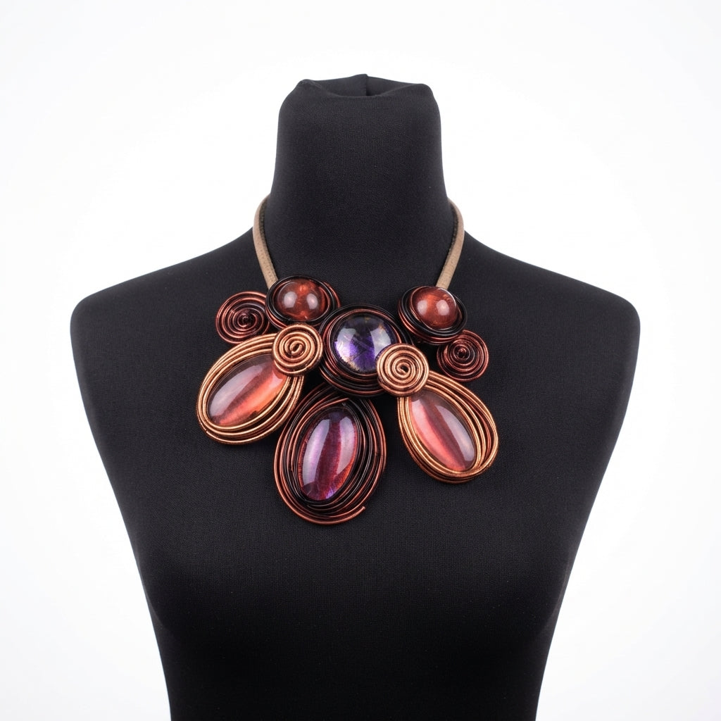 A statement bib necklace with copper wire coils and oval cabochon stones in shades of red, orange, and purple, displayed on a black mannequin bust against a white background.