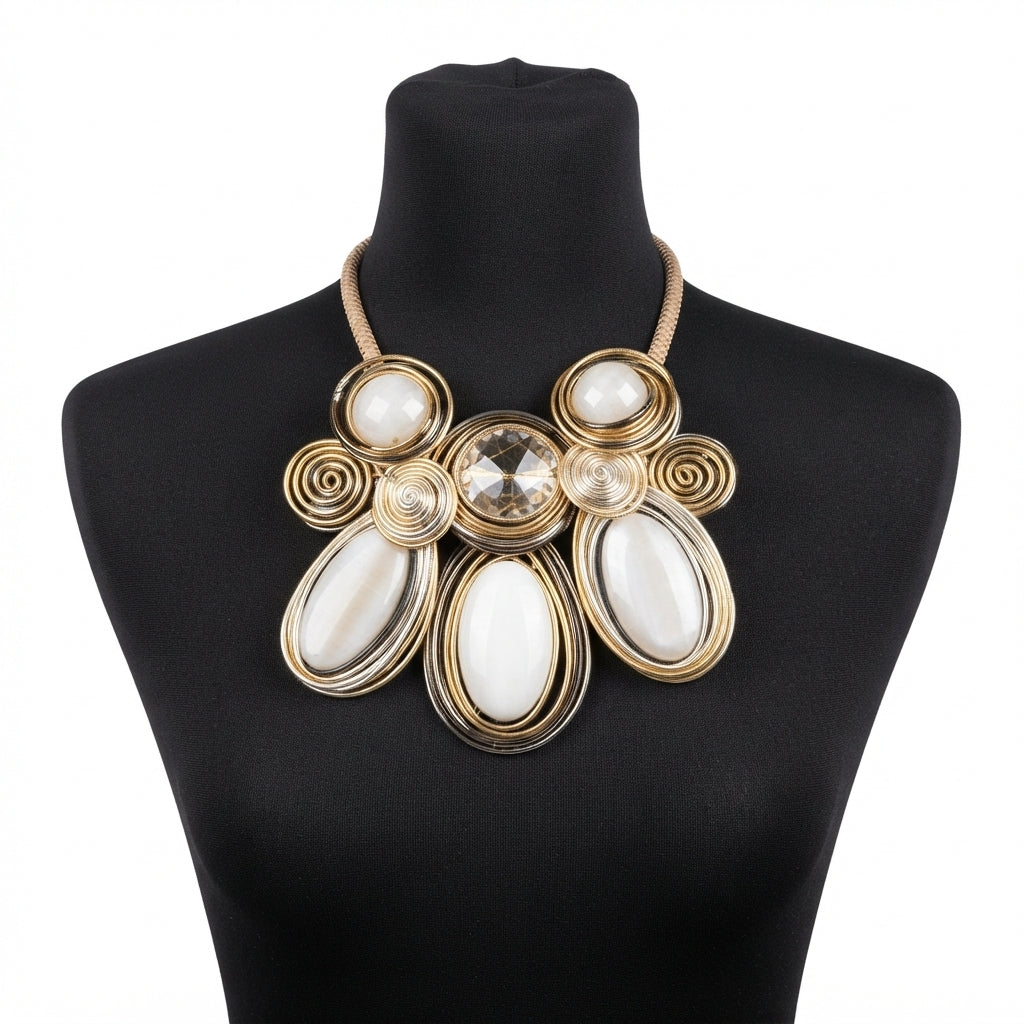 A statement bib necklace with large white faux-pearl oval and round stones, gold-tone spiral accents, and a central clear faceted crystal, displayed on a black mannequin bust against a white background.