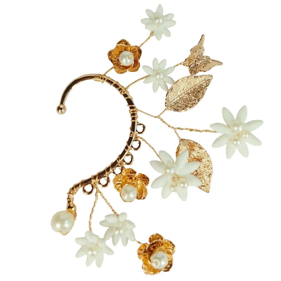 Gold earrings with floral designs and pearls
