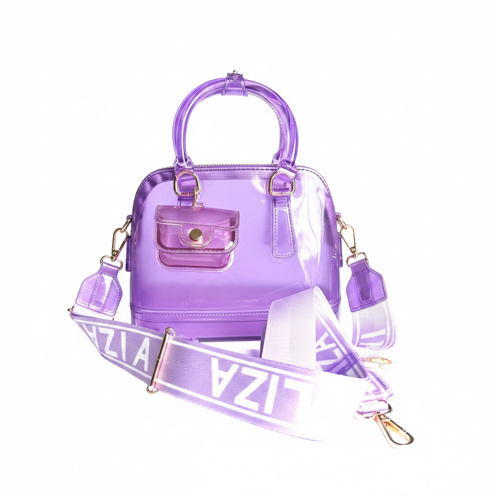 Purple handbag with clear handle and transparent strap on a white background