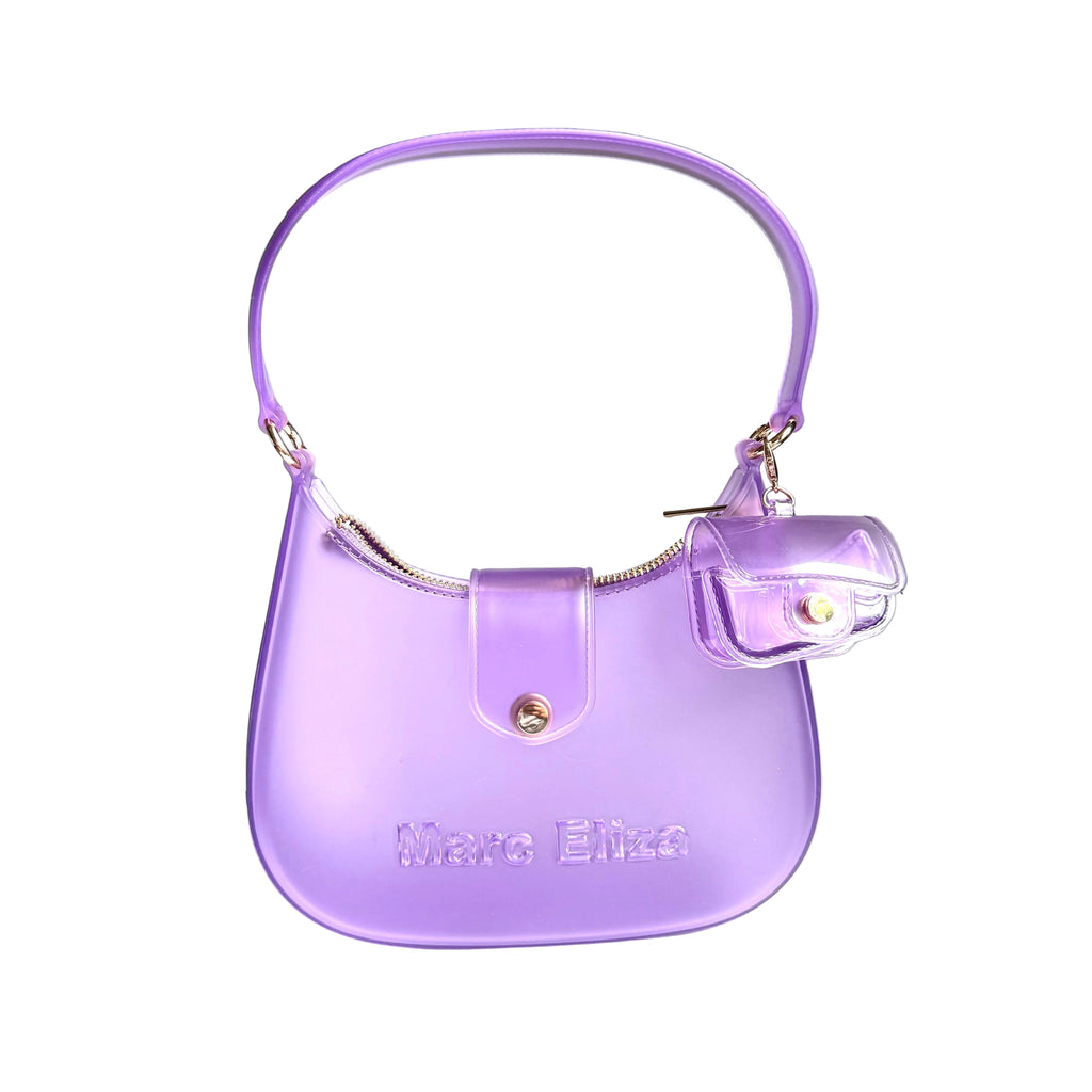 Purple handbag with 'Marc Elly' branding on a white surface.