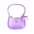Purple handbag with 'Marc Elly' branding on a white surface.
