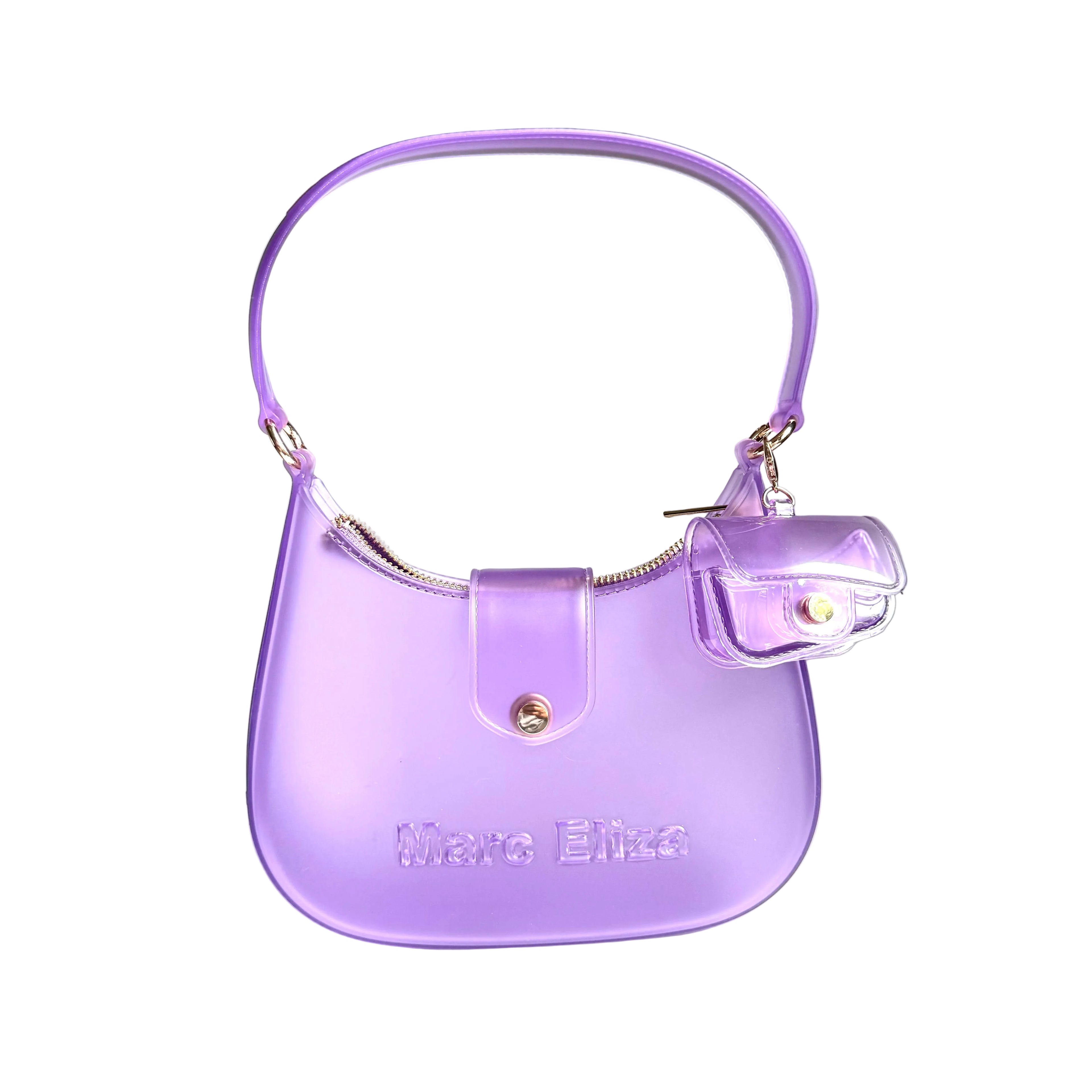 Purple handbag with 'Marc Elly' branding on a white surface.