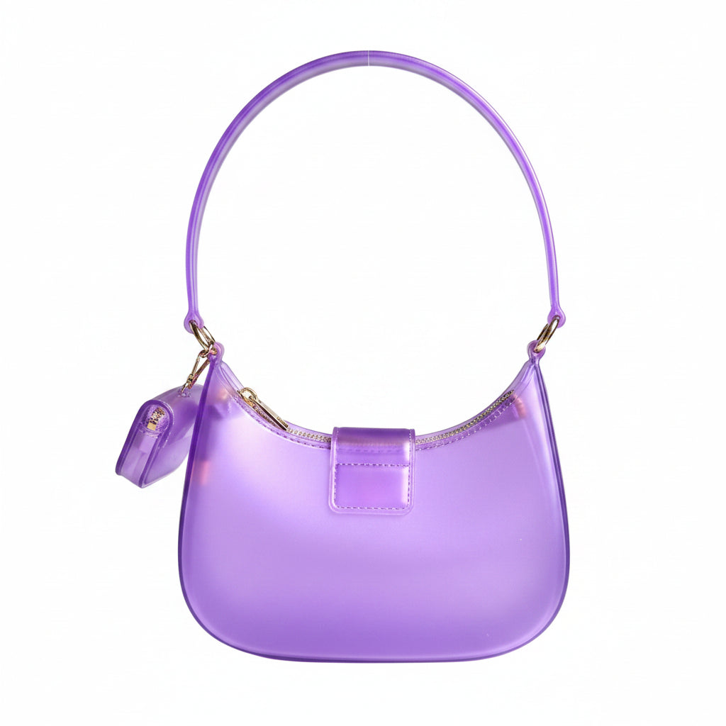 Purple transparent handbag with a bow detail on a white background
