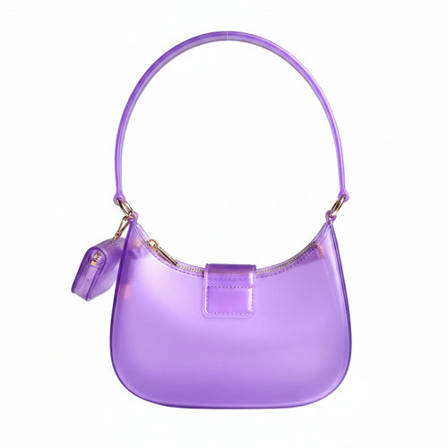 Purple transparent handbag with a bow detail on a white background