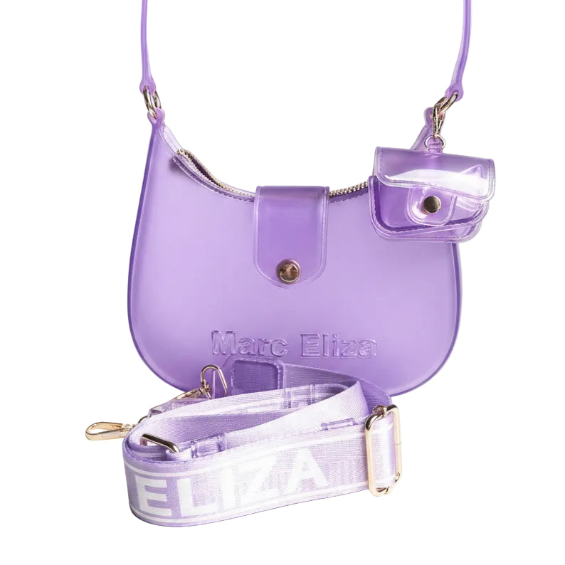 Purple transparent handbag with visible brand name on a white background