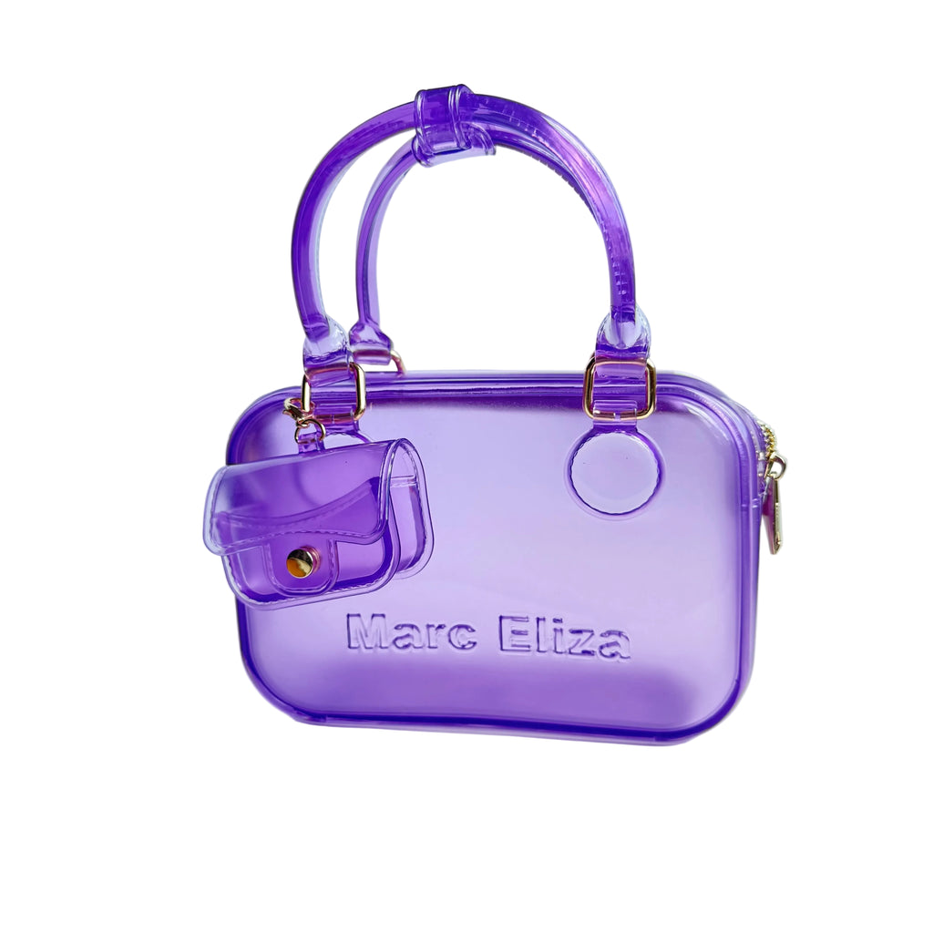 Purple handbag with 'Marc Eliza' branding on a light background