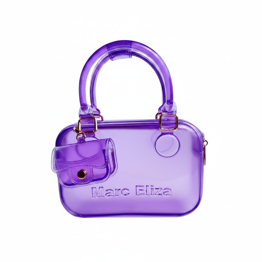 Purple handbag with transparent accents and 'Marc Eliza' branding on a light gray background