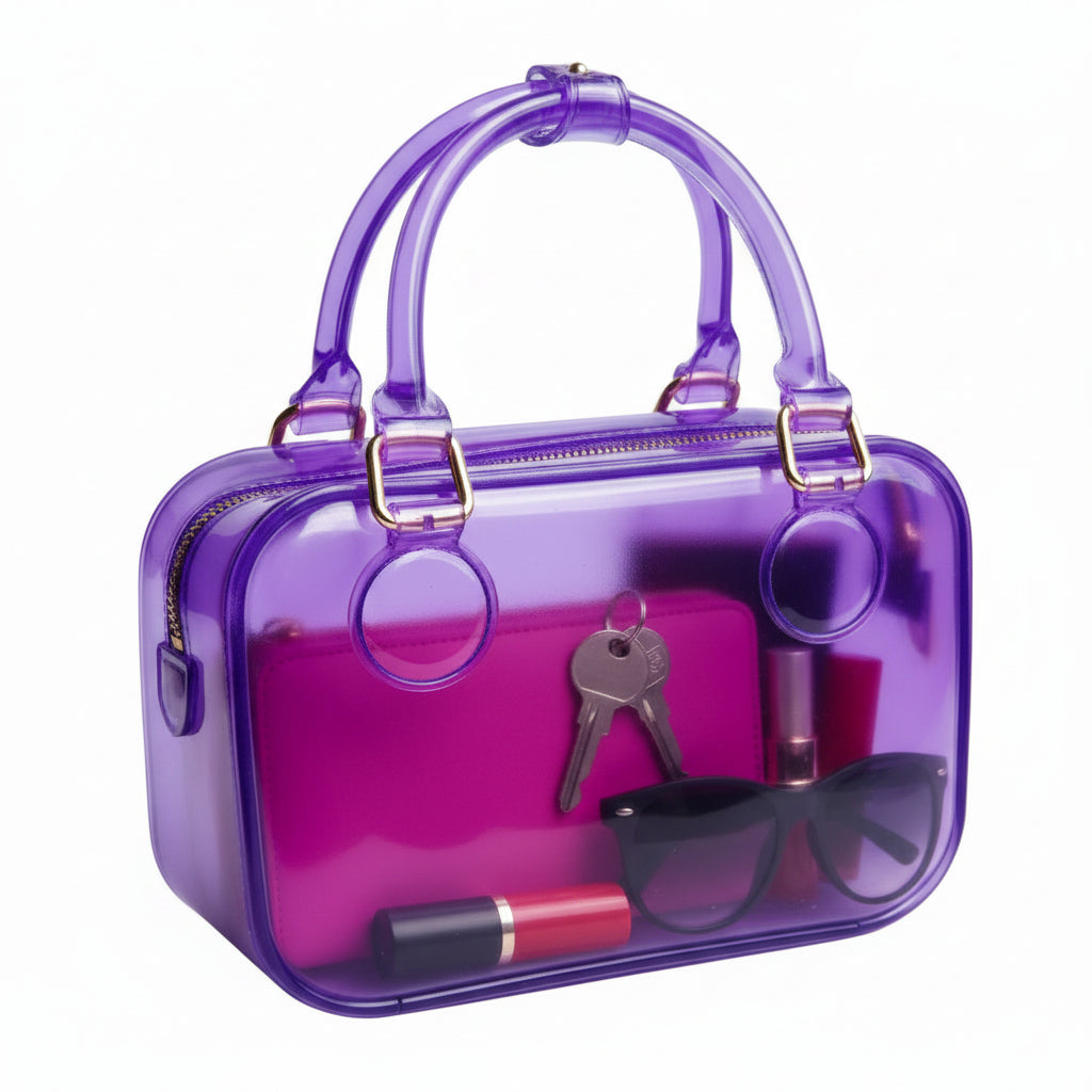 Purple transparent handbag with gold accents on a light blue background
