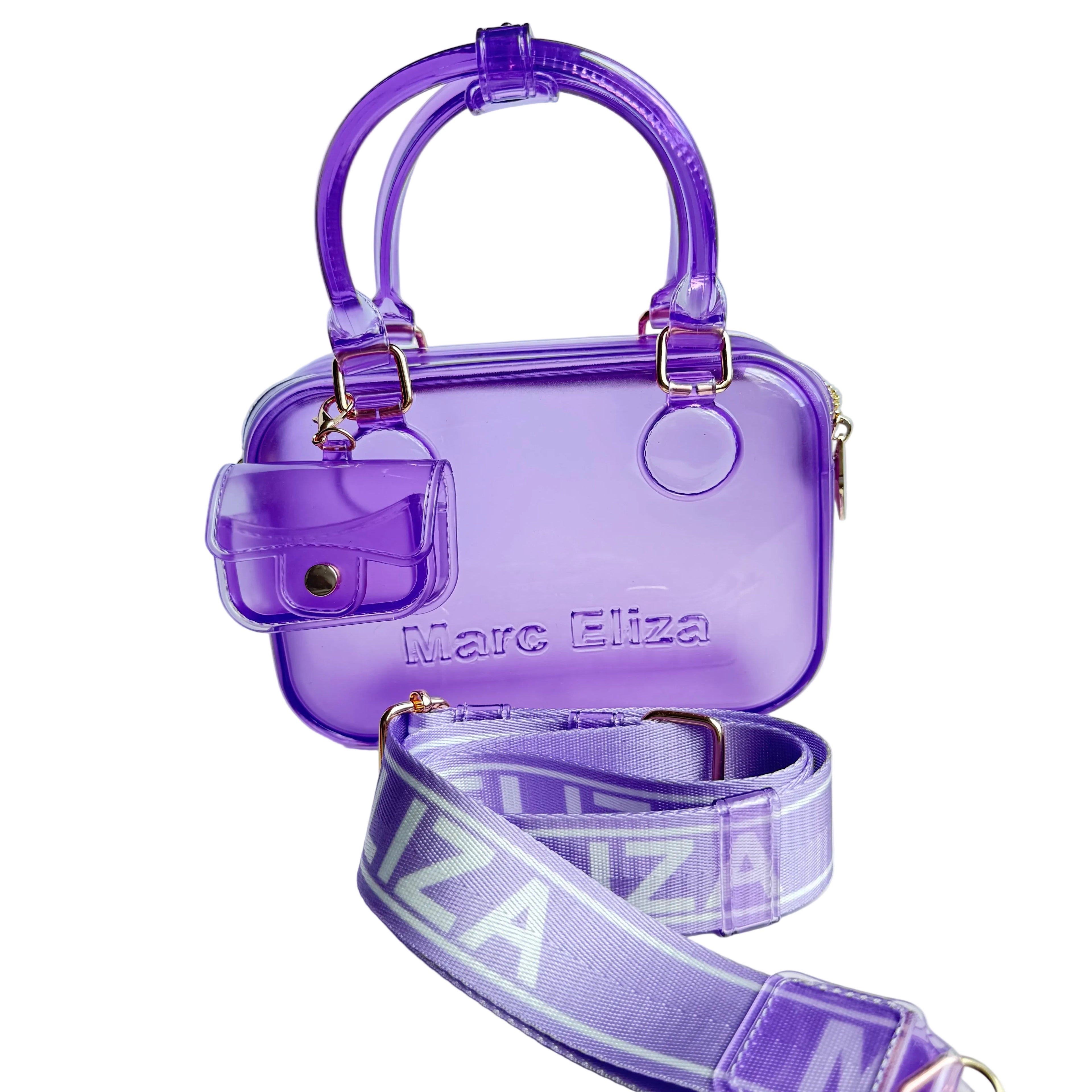 Purple handbag with visible brand name on a light background