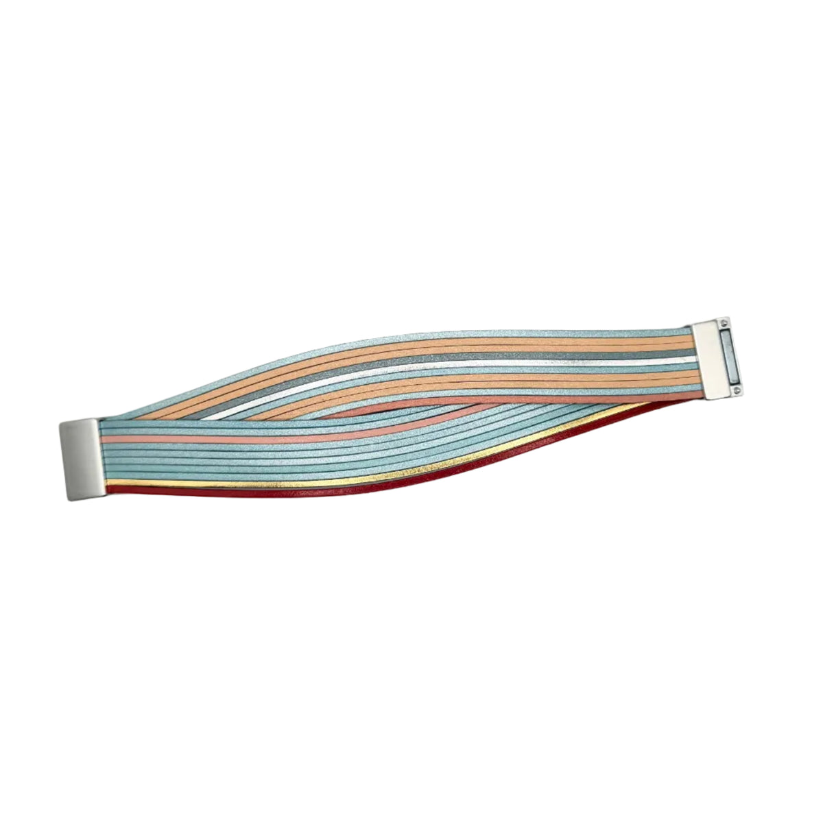 A flat ribbon cable connector with multiple colorful parallel wires in shades of blue, orange, red, and white, attached to silver metal terminals on a plain white background.