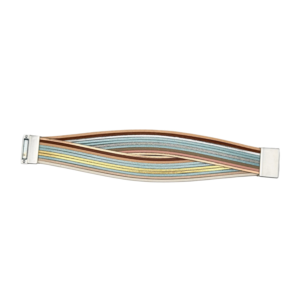 A flat ribbon cable with multiple thin wires in copper, light blue, yellow, and beige, connected to two silver rectangular metal blocks, shown on a plain light gray background.