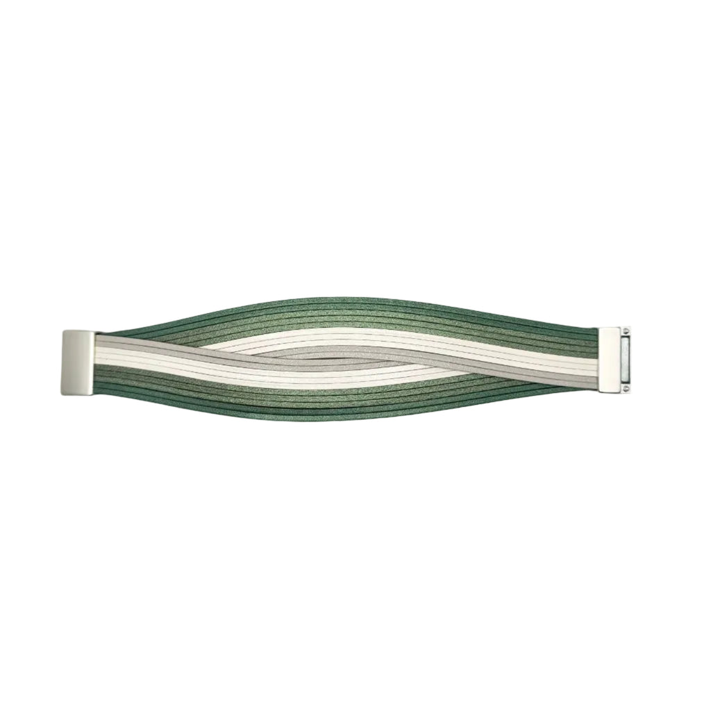 A woven elastic strap with alternating stripes of dark green, light green, and white, featuring silver-toned metal end caps, shown on a plain white background.