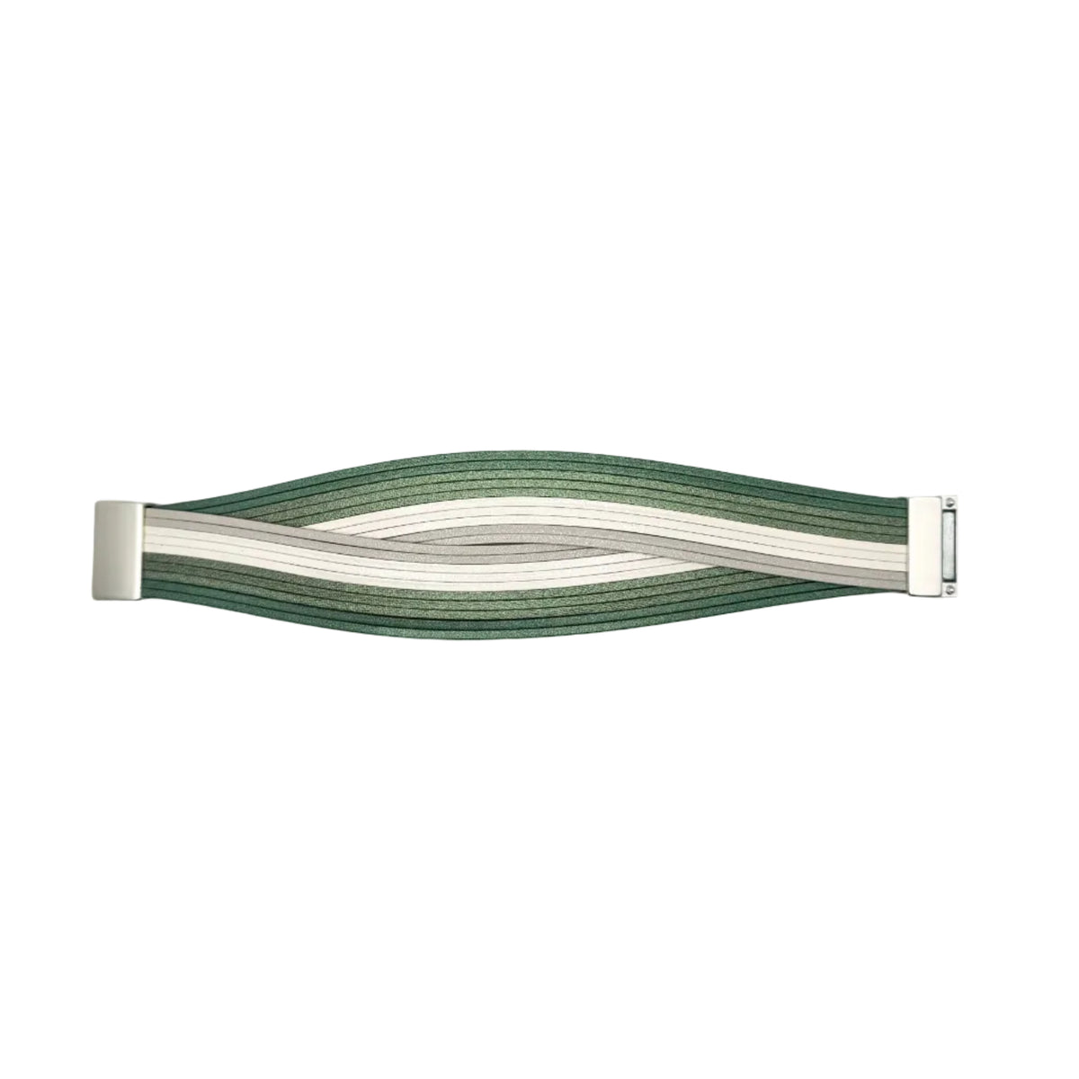 A woven elastic strap with alternating stripes of dark green, light green, and white, featuring silver-toned metal end caps, shown on a plain white background.