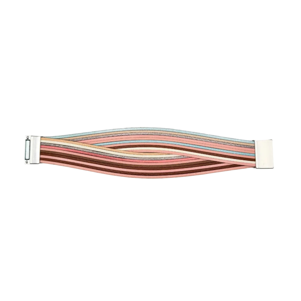 A flat woven elastic bracelet with multiple thin colored stripes in pink, red, blue, and beige, featuring silver metal end caps, shown on a plain light gray background.