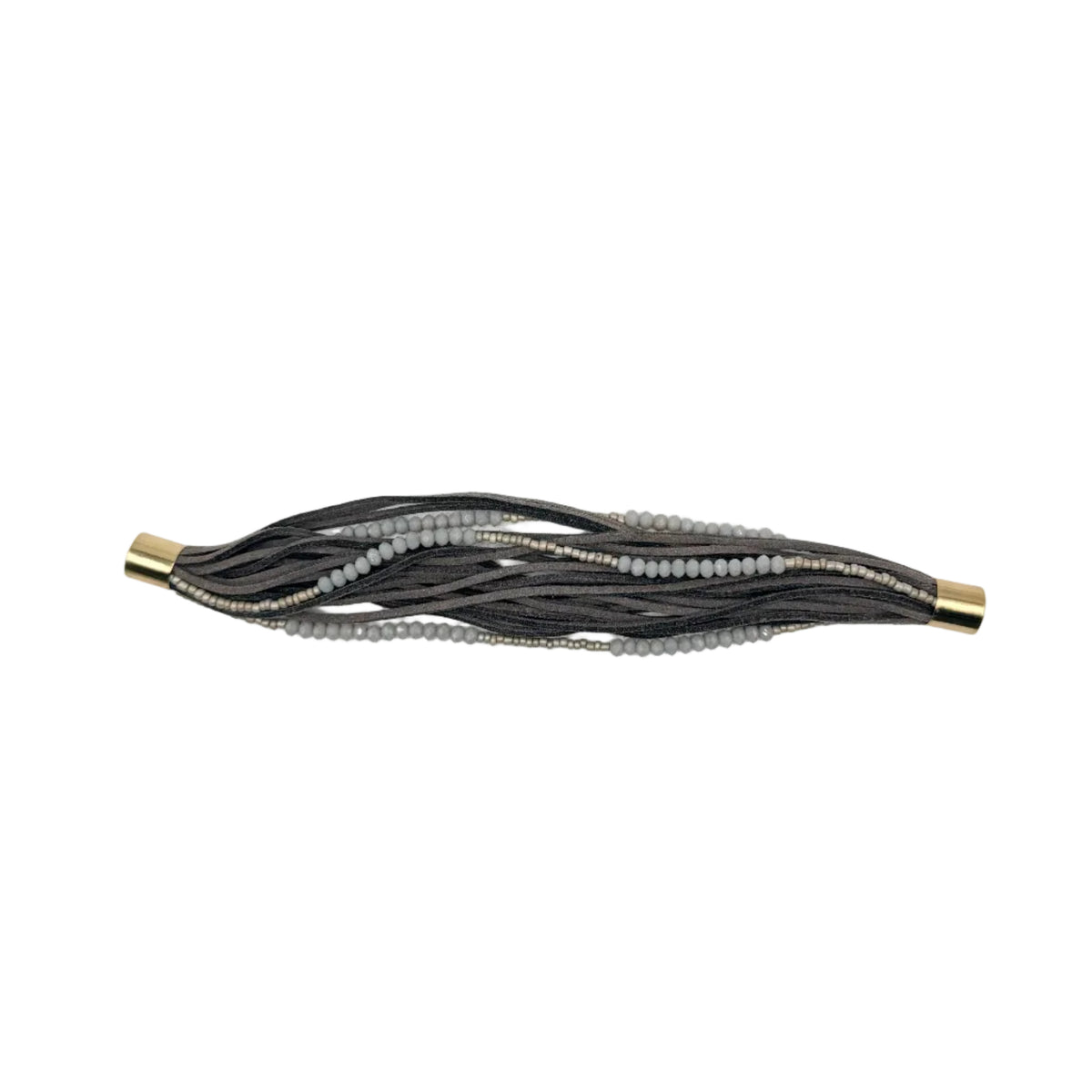 A multi-strand bracelet featuring dark brown leather cords, light gray beaded strands, and gold-toned metal end caps, displayed horizontally on a plain white background.