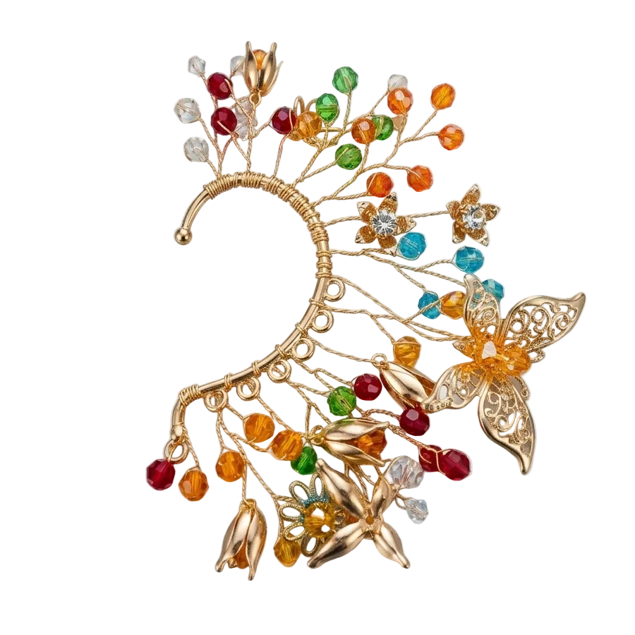 Decorative earring with gold branches, colorful beads, and butterfly designs