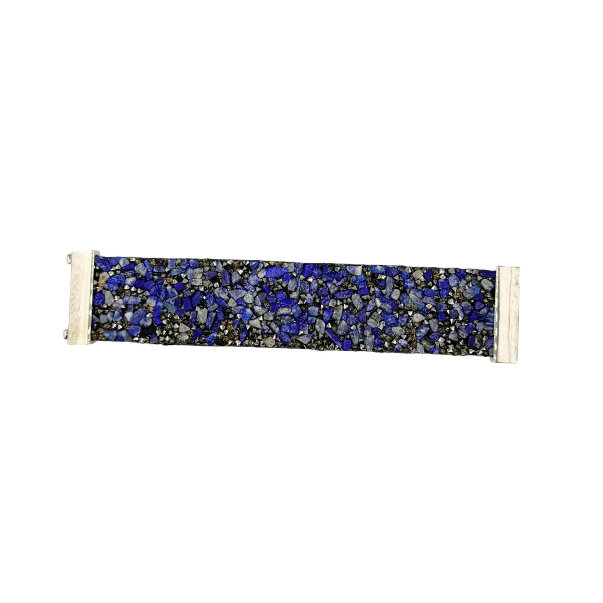 A wide fabric bracelet featuring a dense, textured mosaic pattern of blue, black, gray, and gold flecks, finished with white elastic end bands.