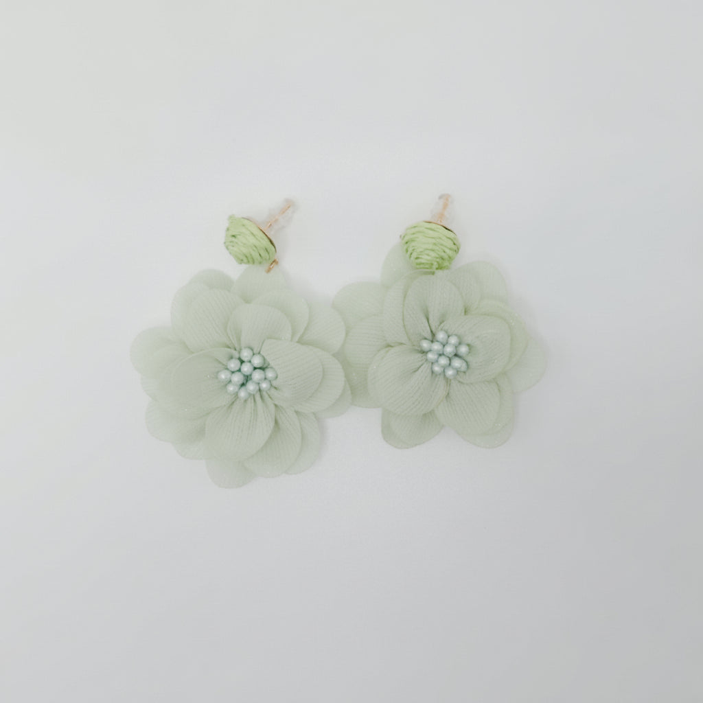 Light green floral earrings on a white background