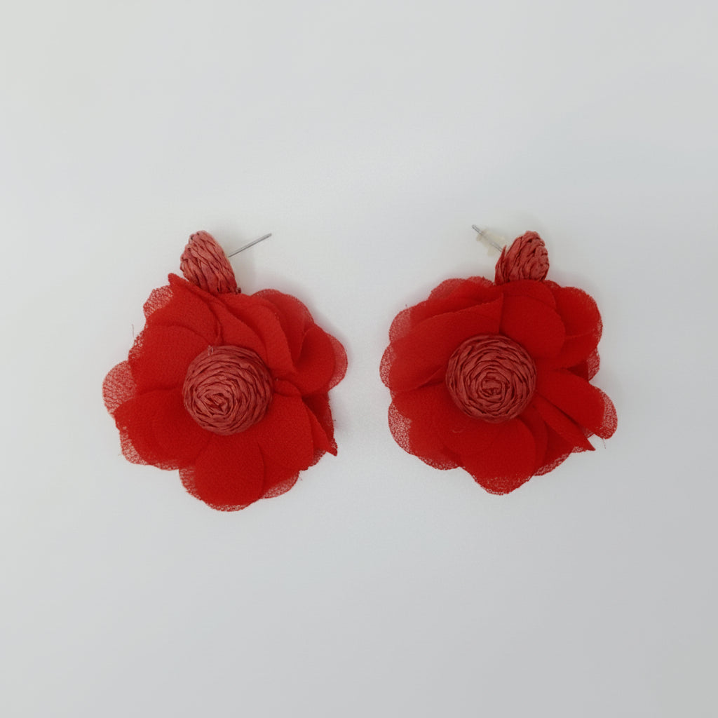 Red floral earrings on a white background