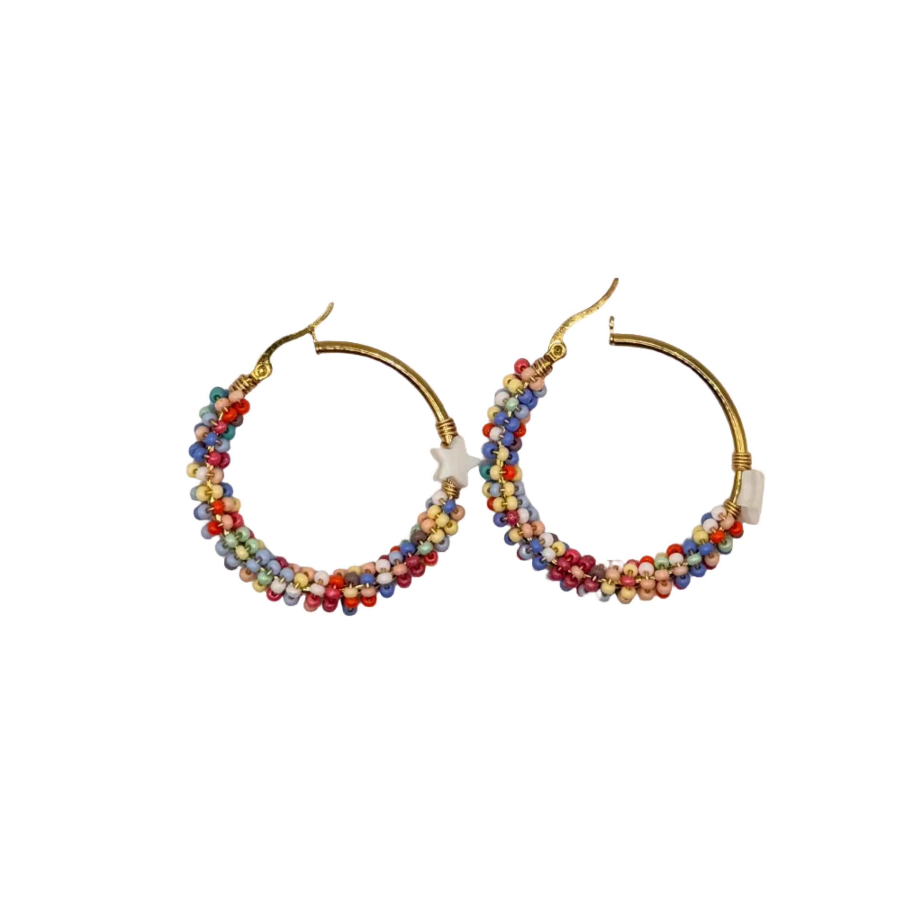 A pair of gold hoop earrings decorated with multiple rows of small multicolored beads, shown on a plain light gray background.