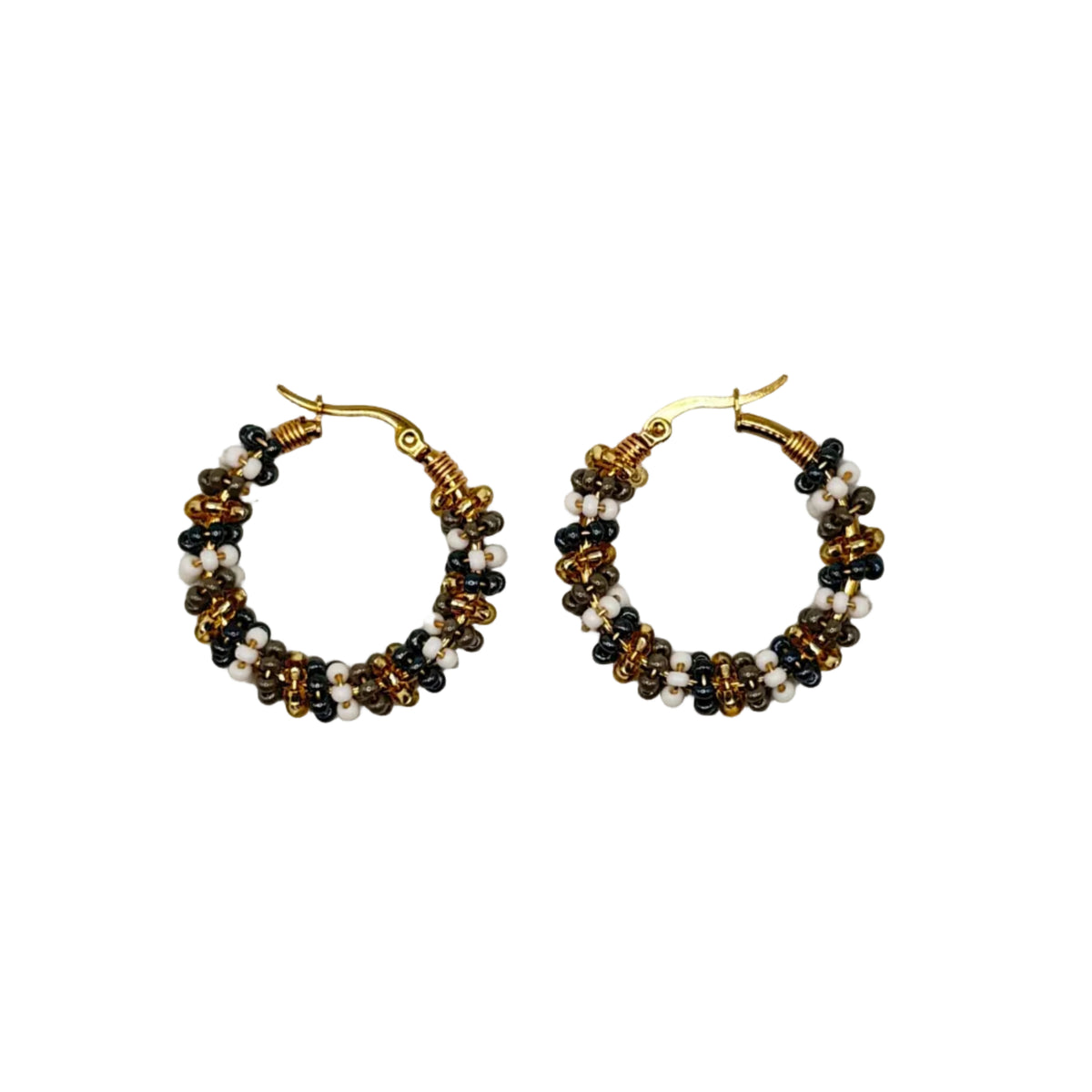 A pair of handmade beaded hoop earrings with gold-tone metal hoops, decorated with rows of small black, white, and amber-brown beads, shown on a plain light gray background.