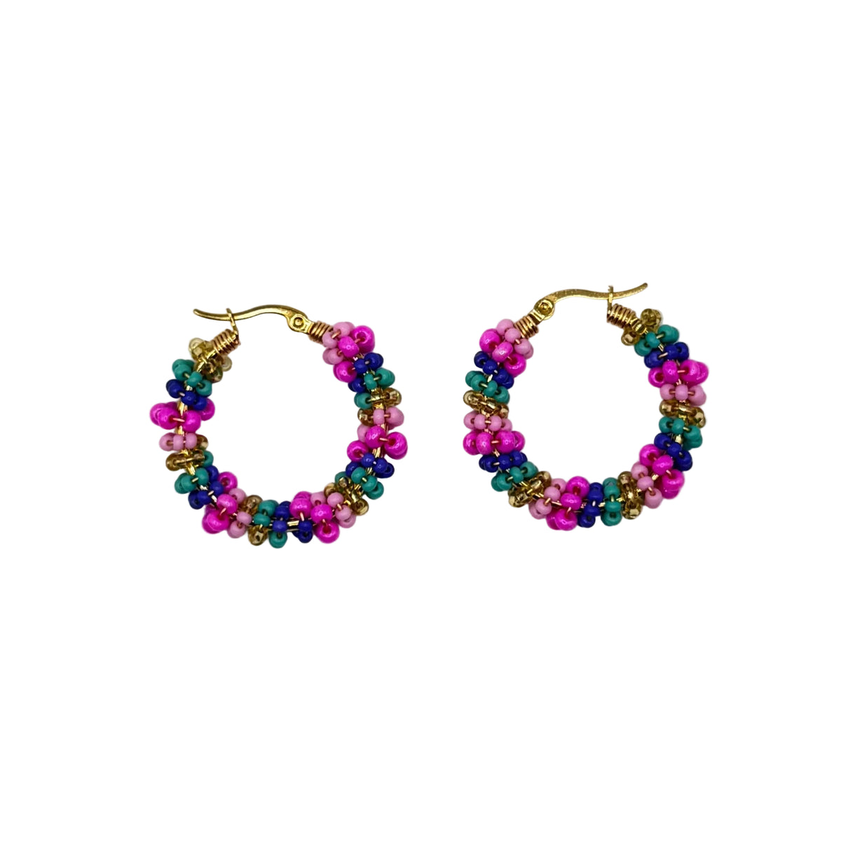 A pair of small gold-tone hoop earrings decorated with tightly woven strands of pink, teal, and blue seed beads, displayed on a clean white background.