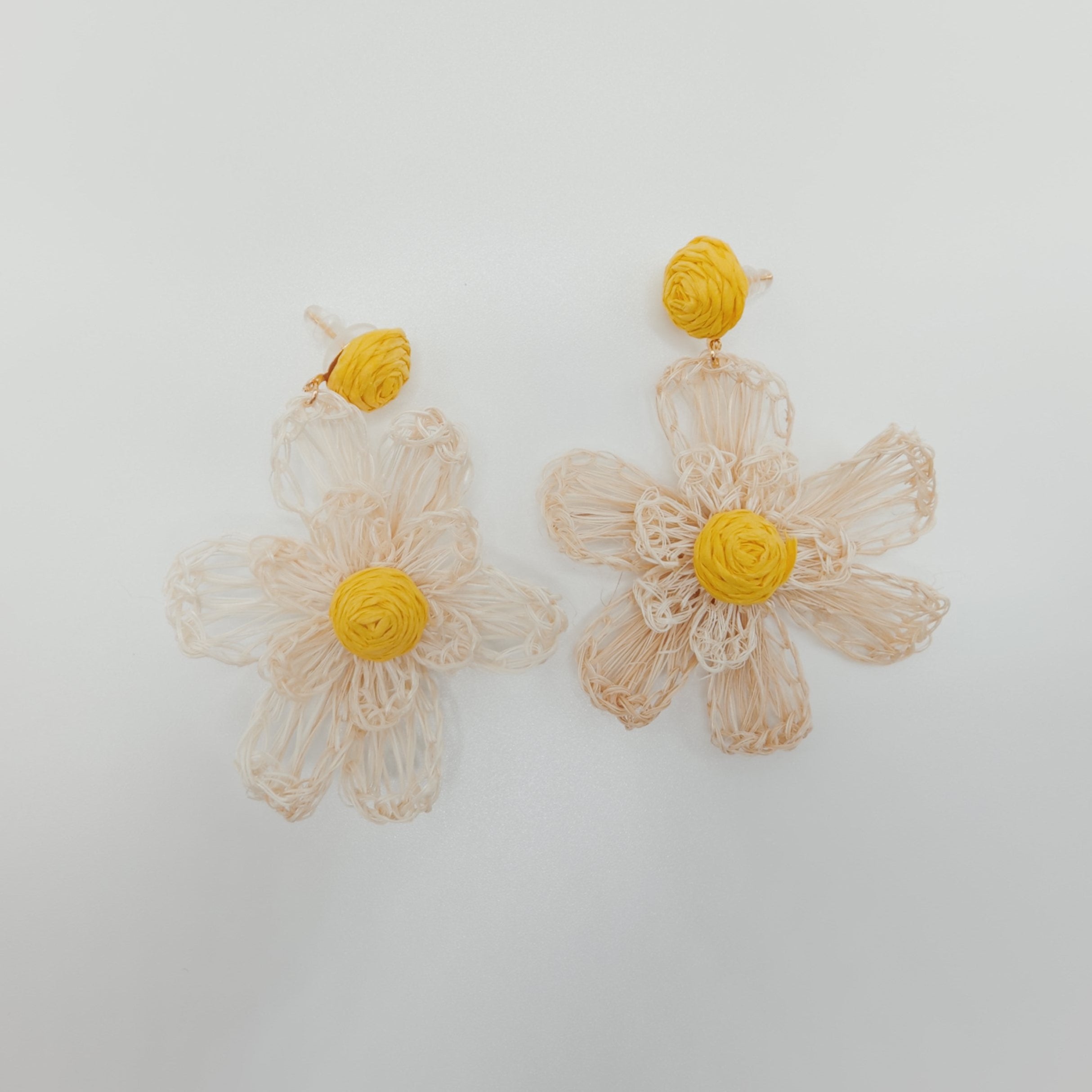 Floral earrings with yellow centers on a light gray background