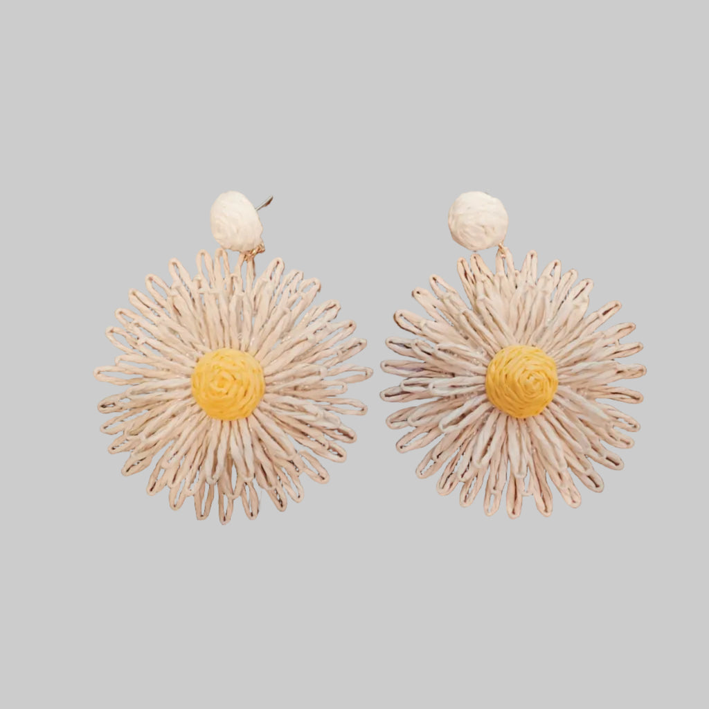 Floral earrings with white petals and yellow centers on a wooden surface